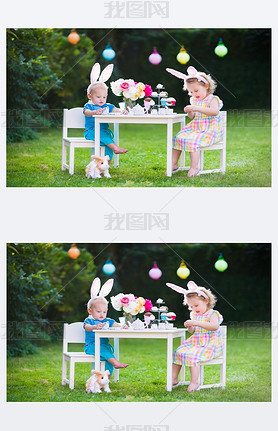 Kids playing Easter tea party with toys