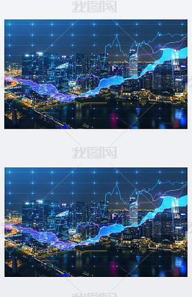 Panoramic evening New York view with the digital financial chart. A concept of the professional fina