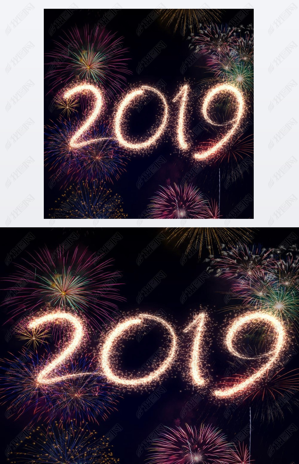 新年前夕2019烟花在黑背景下
