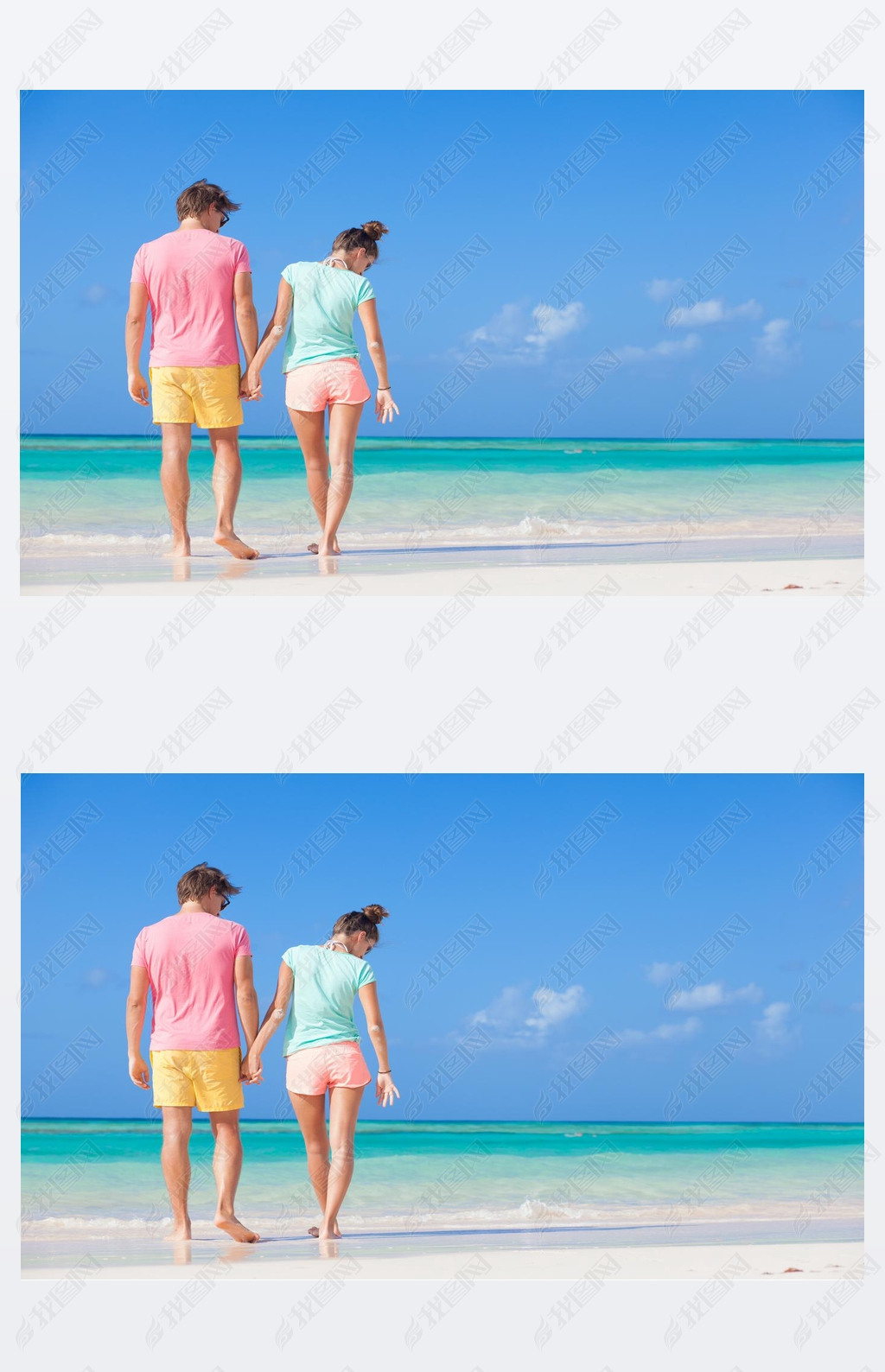 back view of happy romantic young couple walking on the beach