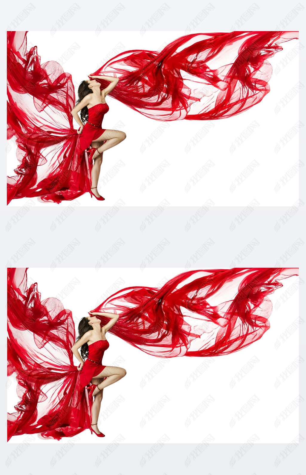Woman Red Dress Flying on Wind Flow Dancing on White, Fashion Model