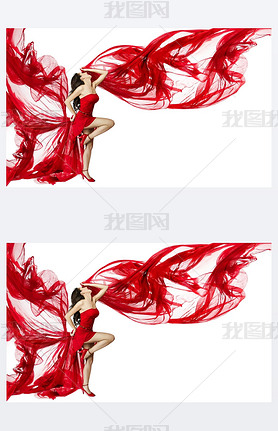 Woman Red Dress Flying on Wind Flow Dancing on White, Fashion Model