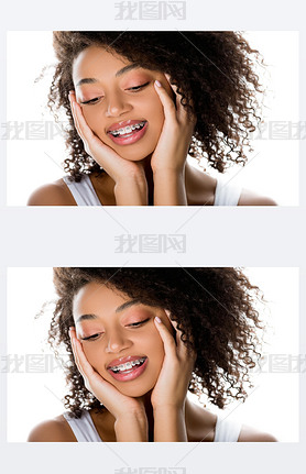 pretty happy african american girl with braces, isolated on white