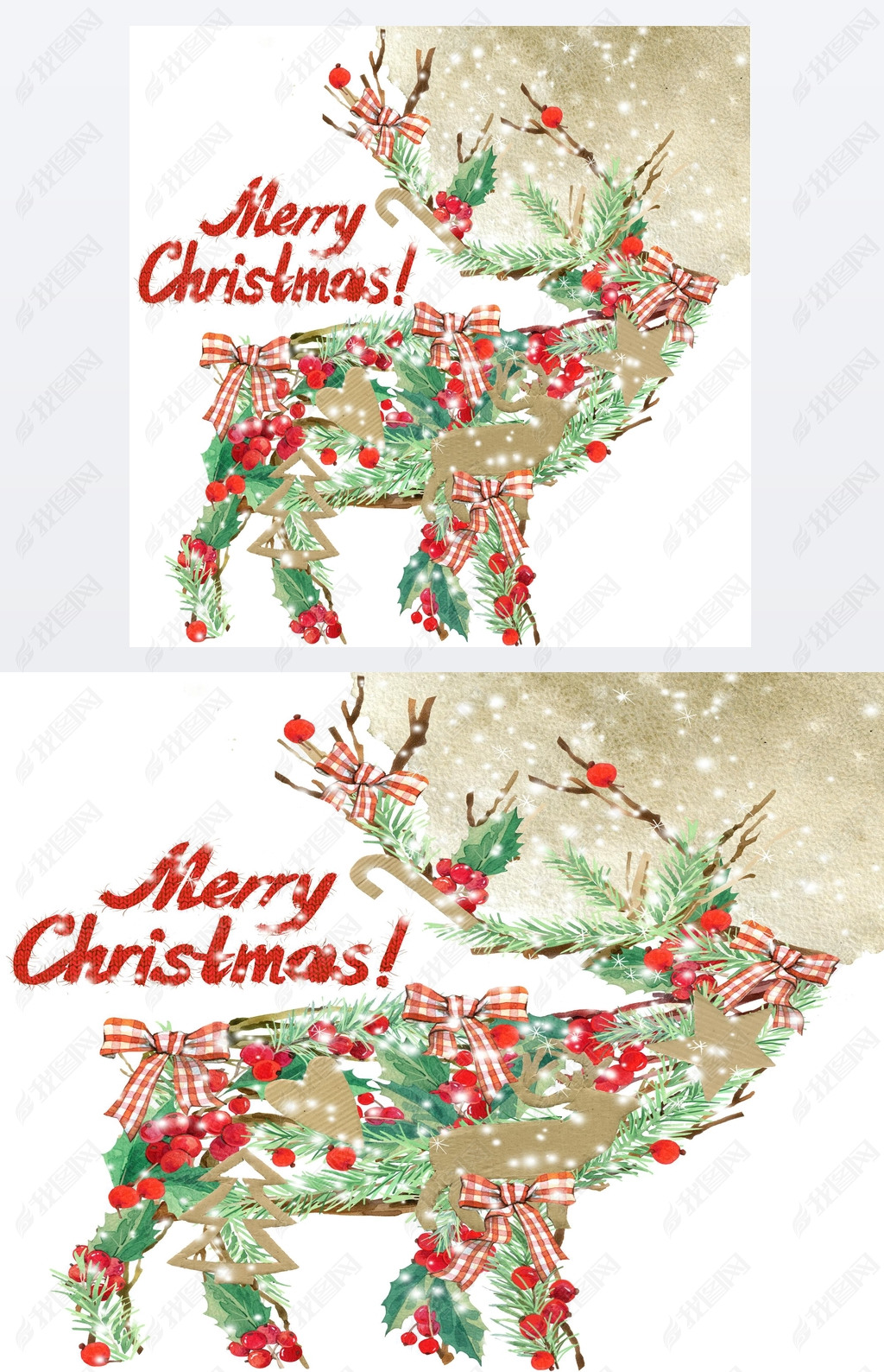 watercolor Christmas reindeer. Wish Merry Christmas text. watercolor winter holidays background. ill