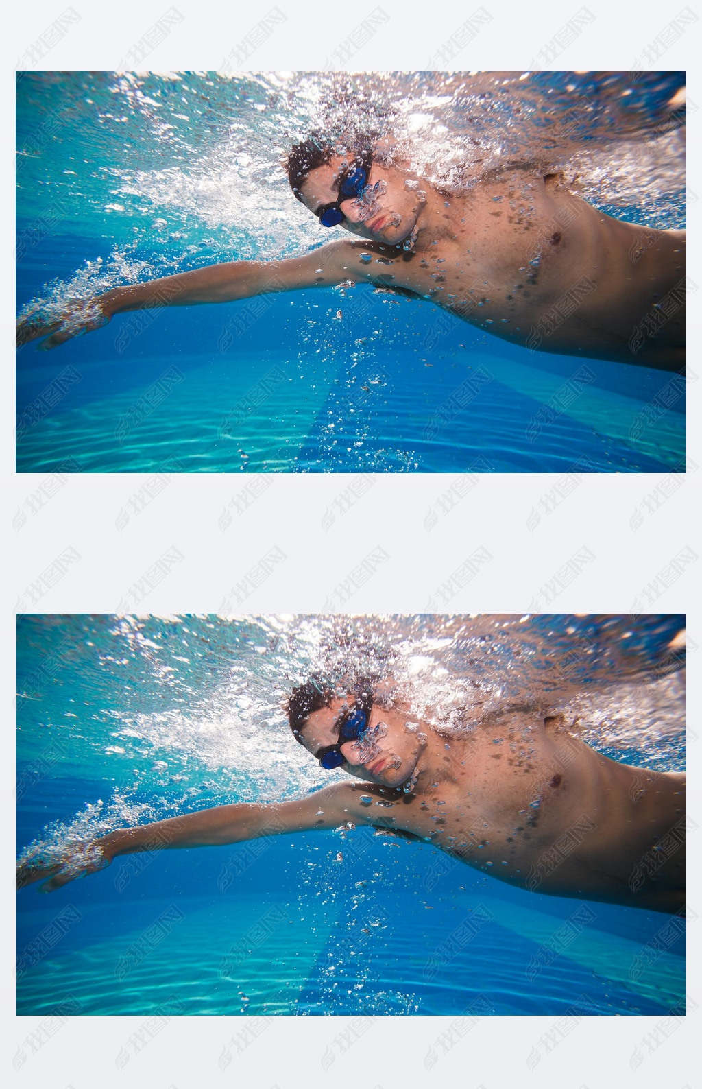 Young man swimming the front crawl in a pool - underwater shot (