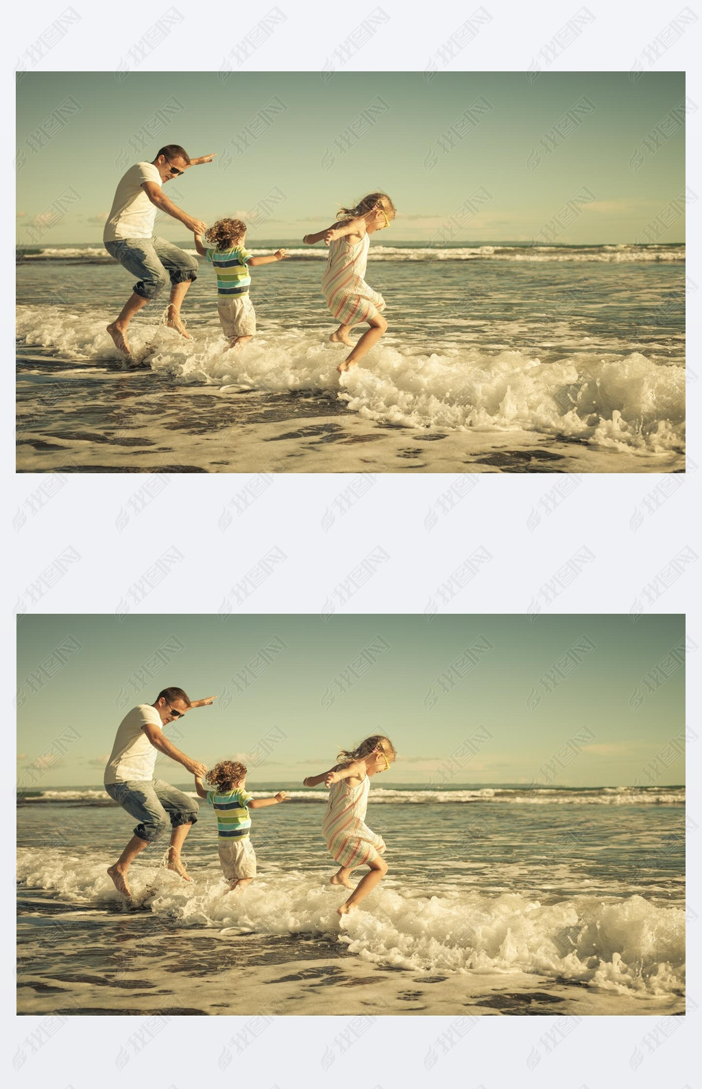 far, dotter och son spelar p? stranden p? dagarna