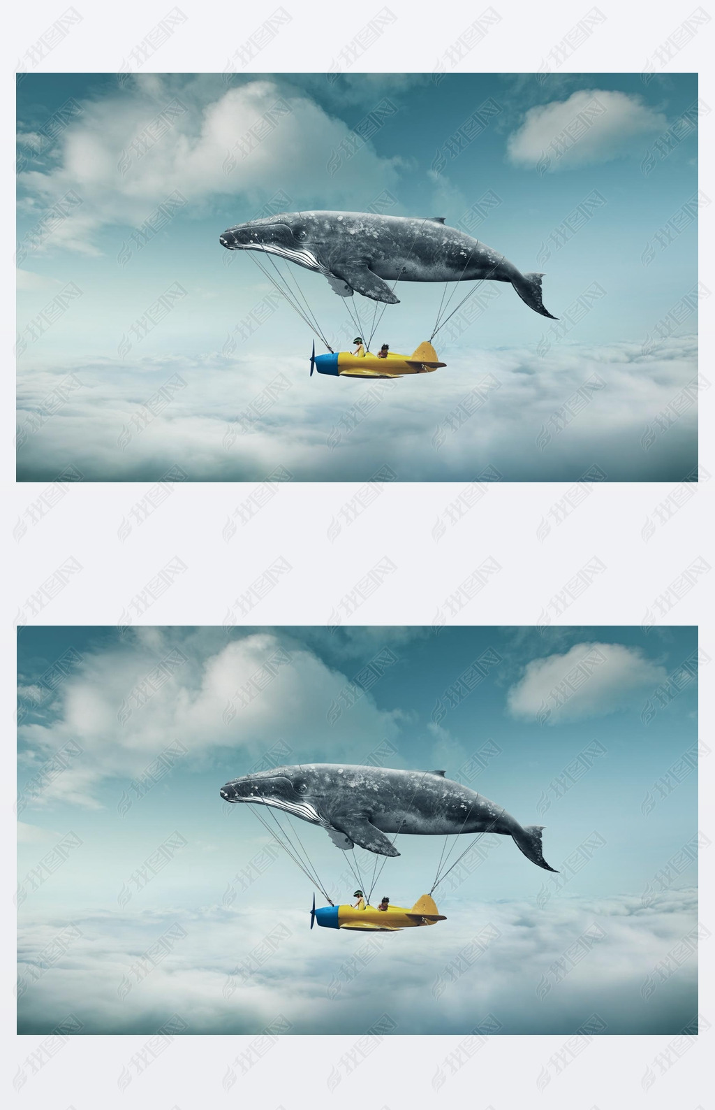 whale with aircraft and two girls over clouds