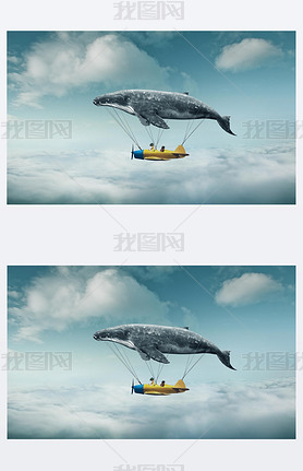whale with aircraft and two girls over clouds
