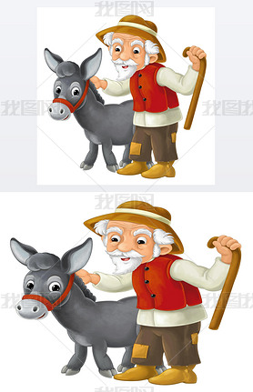 Cartoon donkey standing and watching with his owner - cute animal - isolated