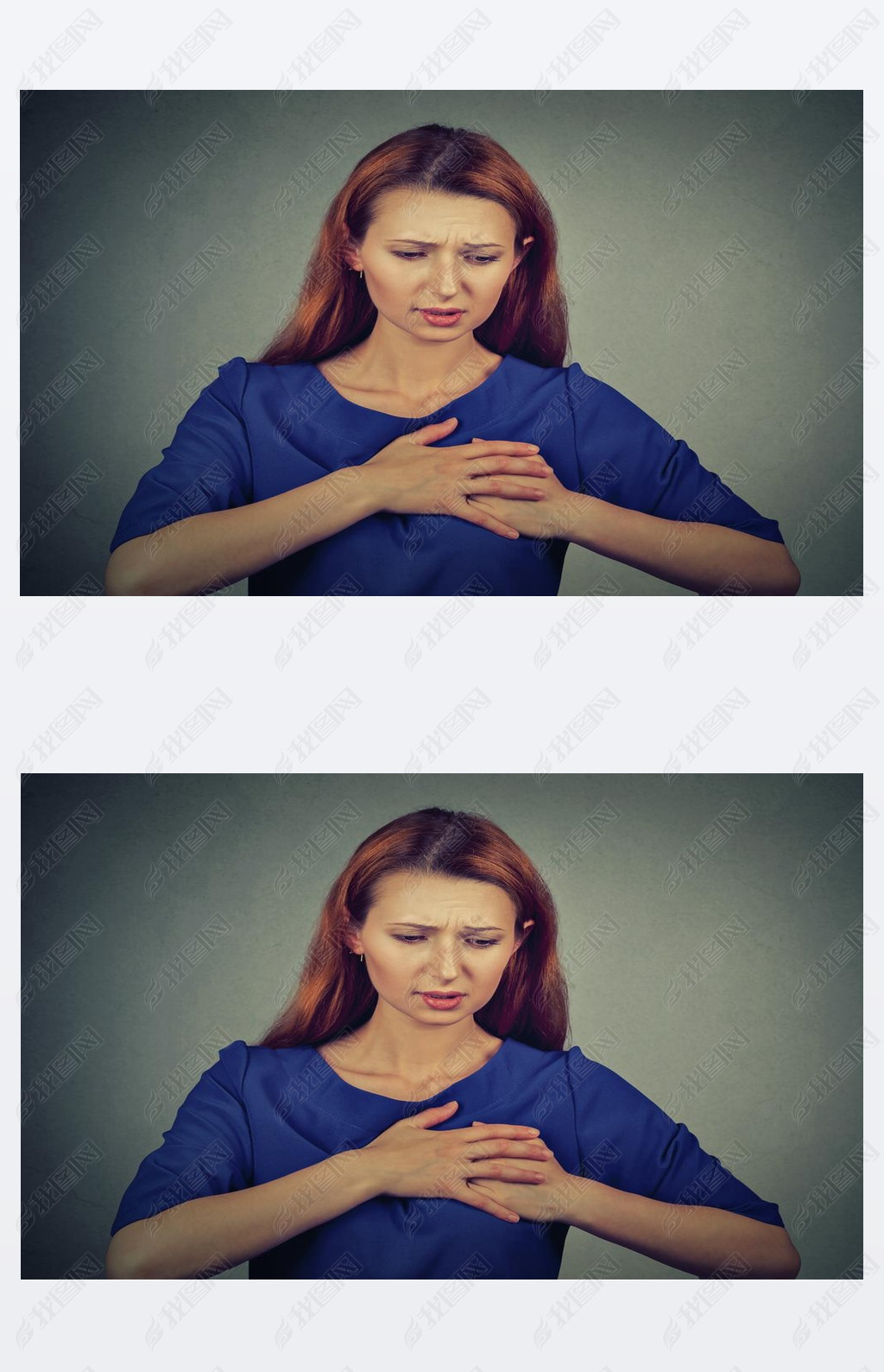 young woman with breast pain touching chest isolated on gray wall background