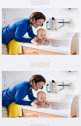 Mother bathing baby in hospital room