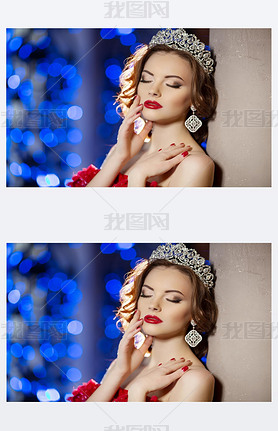 Woman in lux dress with crown like queen, princess, lights party