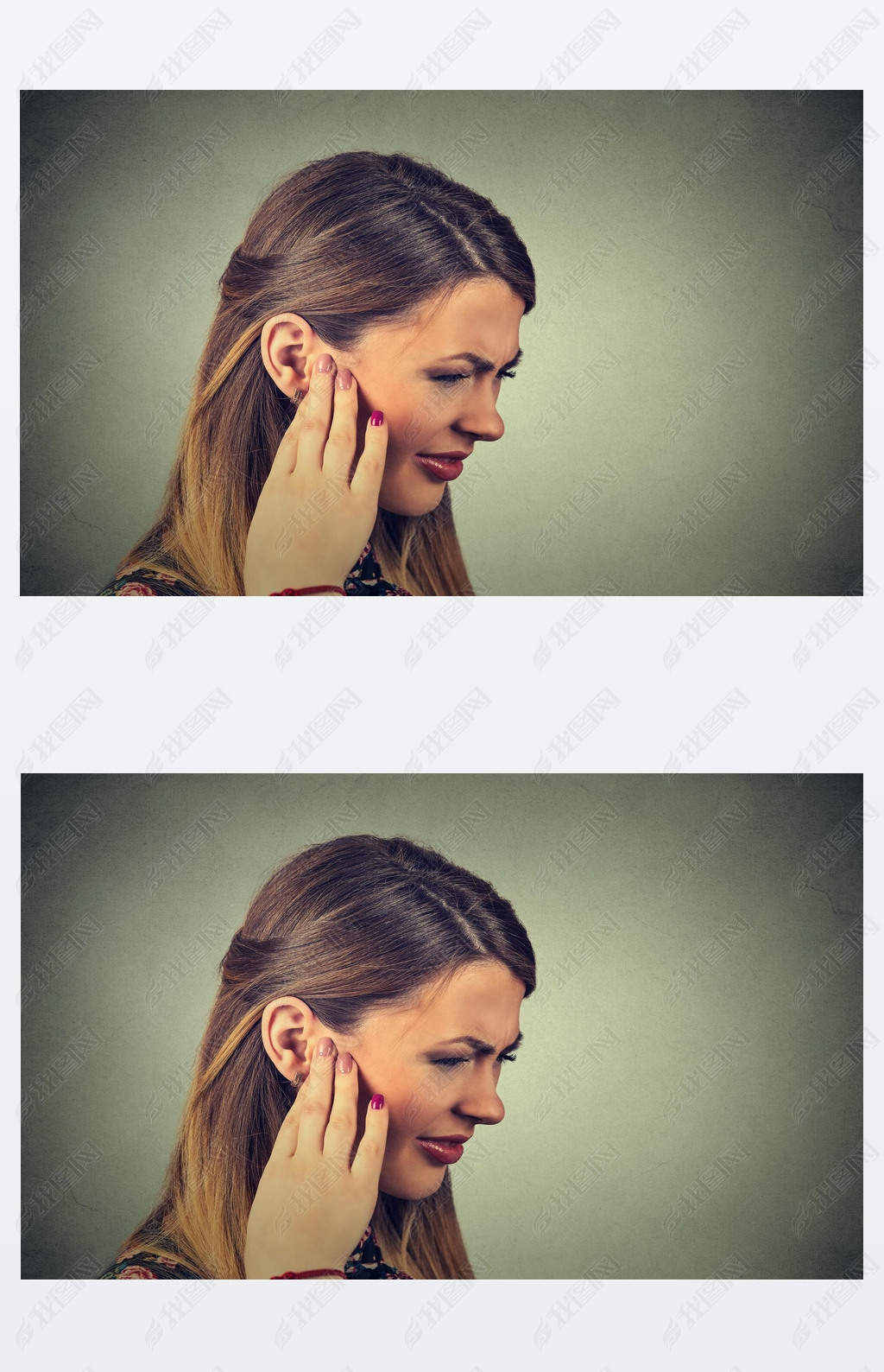 Tinnitus. Closeup side profile sick young woman hing ear pain touching her painful head