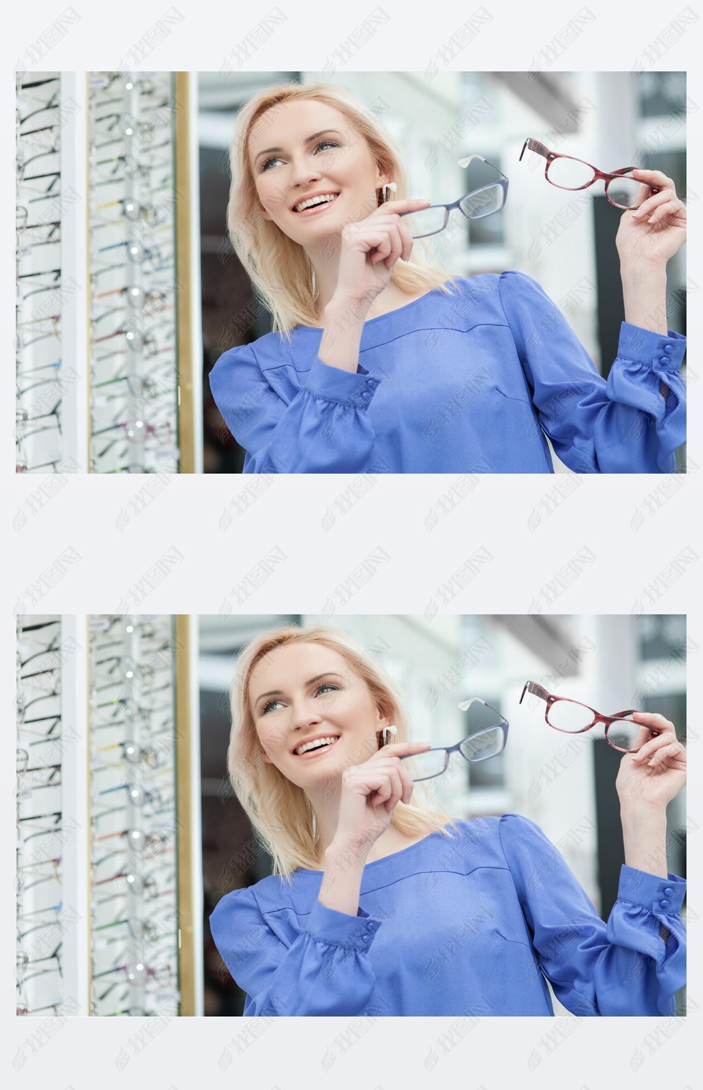 Pretty blond girl is choosing glasses in store