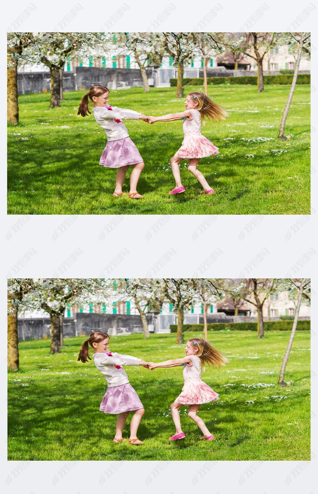 Two little girls playing in spring garden on a nice sunny warm day, wearing skirts
