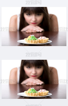 Dieting woman cring for cake