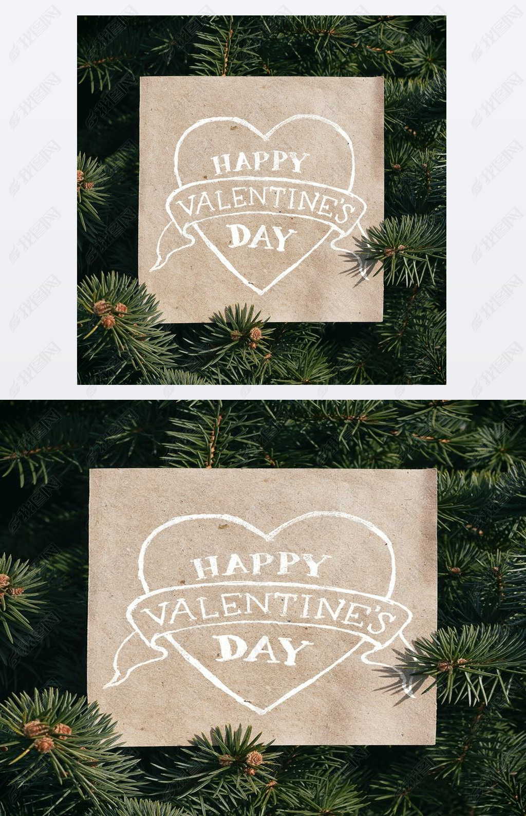 Eco craft paper card on pine tree background. Holiday square poatcard template. Heart shape drawn, h