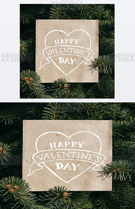 Eco craft paper card on pine tree background. Holiday square poatcard template. Heart shape drawn, h