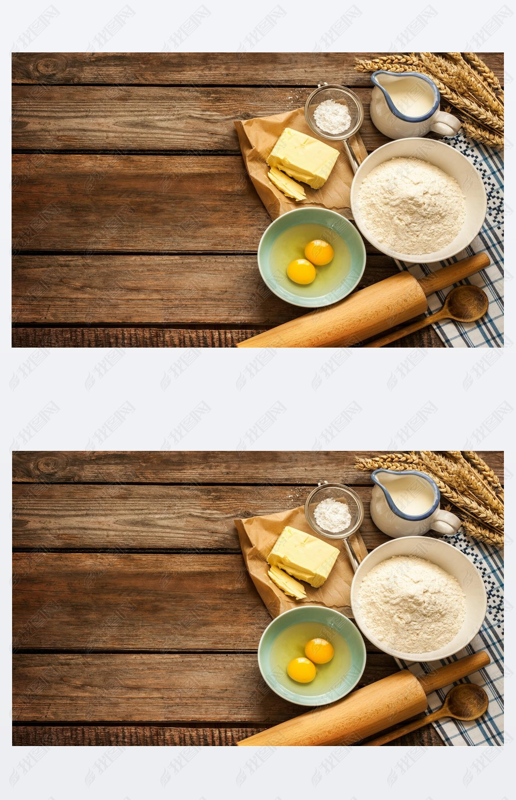 Baking cake in rural kitchen - dough recipe ingredients on wood