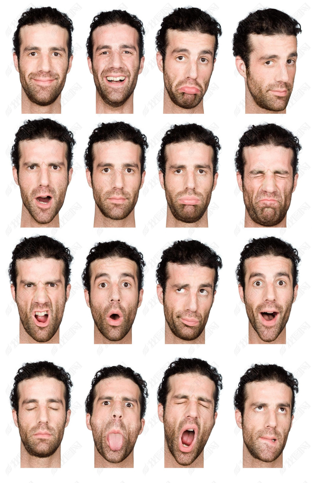 short curly hair brunette adult caucasian man collection set of face expression like happy, sad, ang