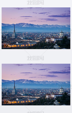 Turin (torino), panorama de twilight ec la mole antonelliana et Alpes 飩 ׵ŵͰ˹ɽĺ֮ȫ