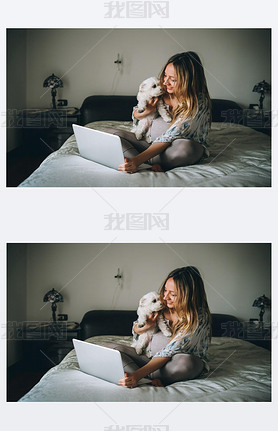 young woman indoors at home sitting bed using laptop computer holding dog - social network, wifi tec