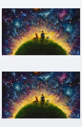 原始油画小王子和狐狸和红玫瑰坐在草地下星空.多彩插画.