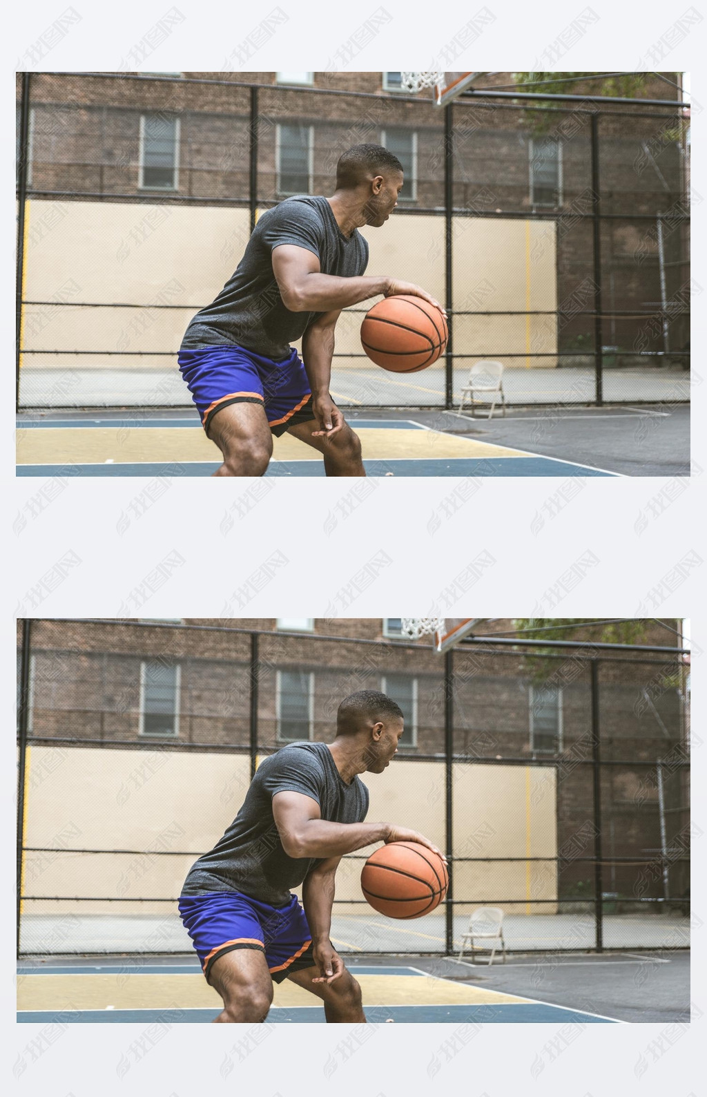 Afro-american basketball player training on a court in New York - Sportive man playing basket outdoo