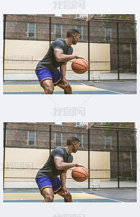 Afro-american basketball player training on a court in New York - Sportive man playing basket outdoo