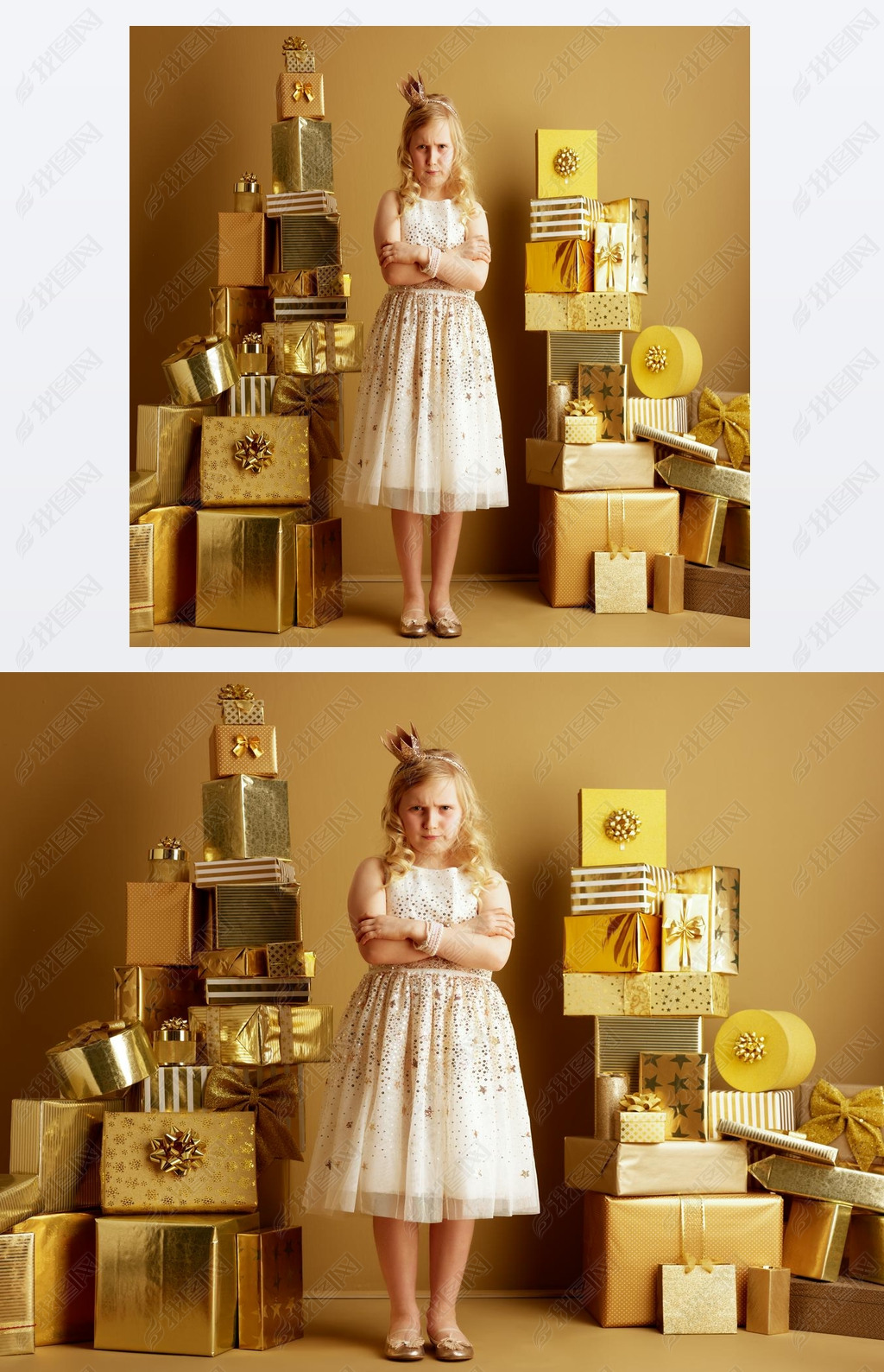 Full length portrait of furious young girl in beige fit and flare dress and a little crown on head s