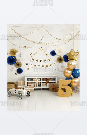 Birthday decorations - gifts, toys, balloons, garland and number for little baby party event on a wh