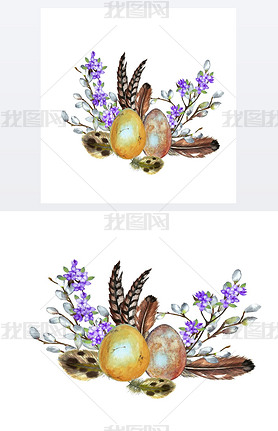 Beautiful spring realistic illustration of wild birds eggs, feathers, willow and lilac branches. Eas