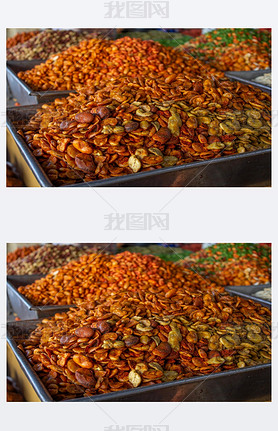 Mexican snack with peanuts, dried beans, sunflower seeds, dried peas with salty and spicy flors