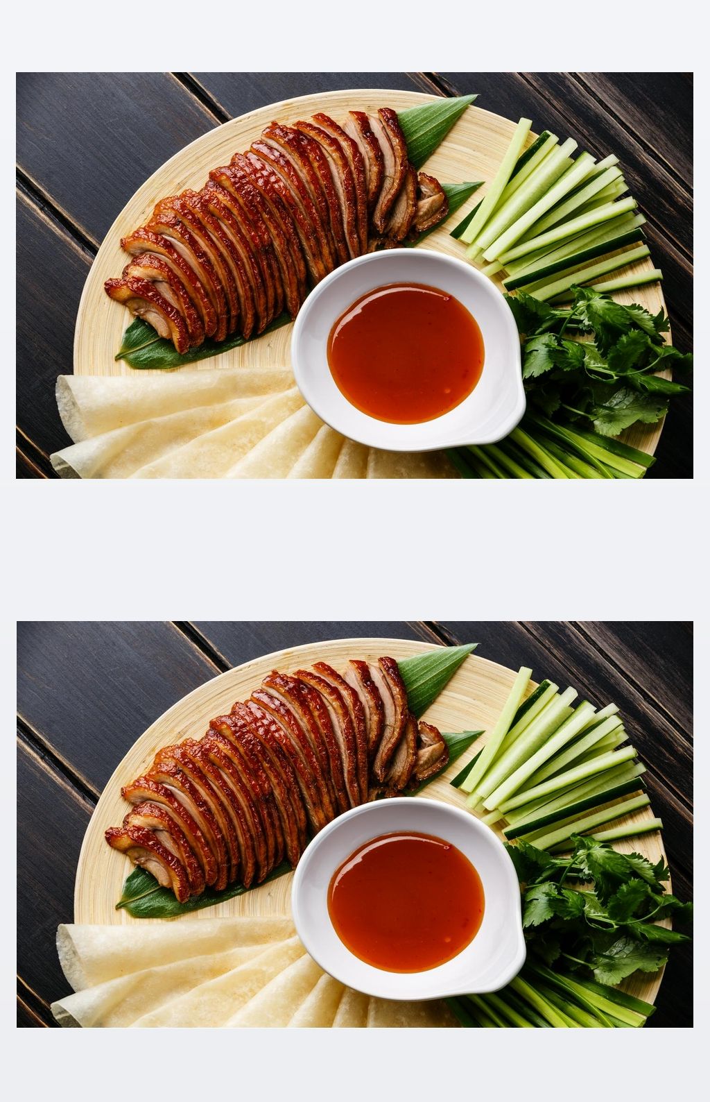 北京烤鸭配鲜黄瓜, 葱, 香菜和烤面食 hoysin 酱特写