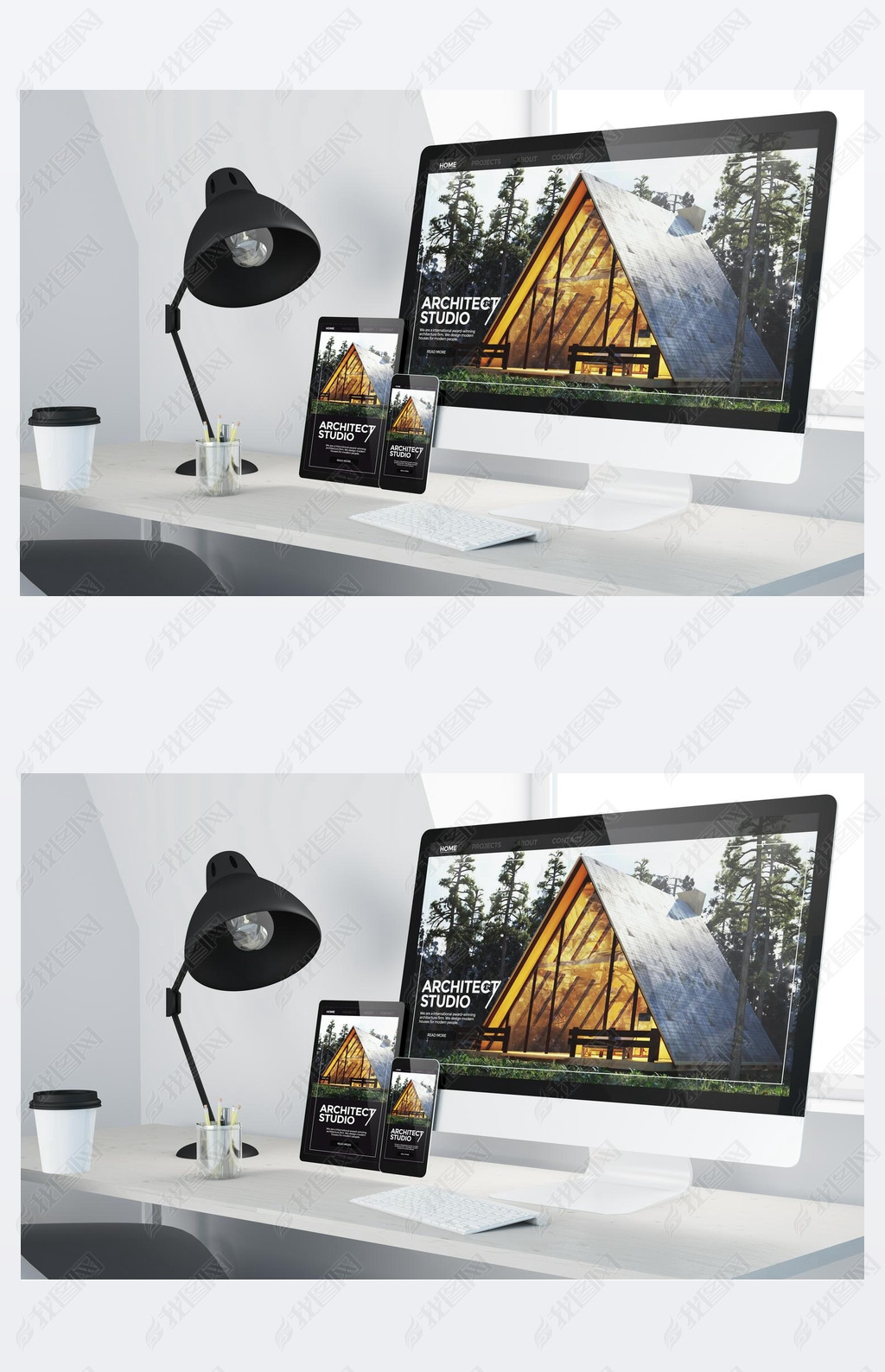 minimal desktop with responsive architect studio on devices 3d rendering