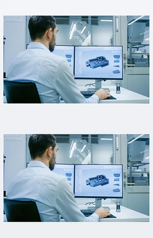 工程师/技术员在个人电脑上工作, 有两台显示器, 他正在设计 Cad 程序中的新组件。在办公室窗口组件制造工厂被看到.