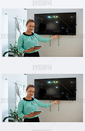 Young businesswoman points to the tv screen