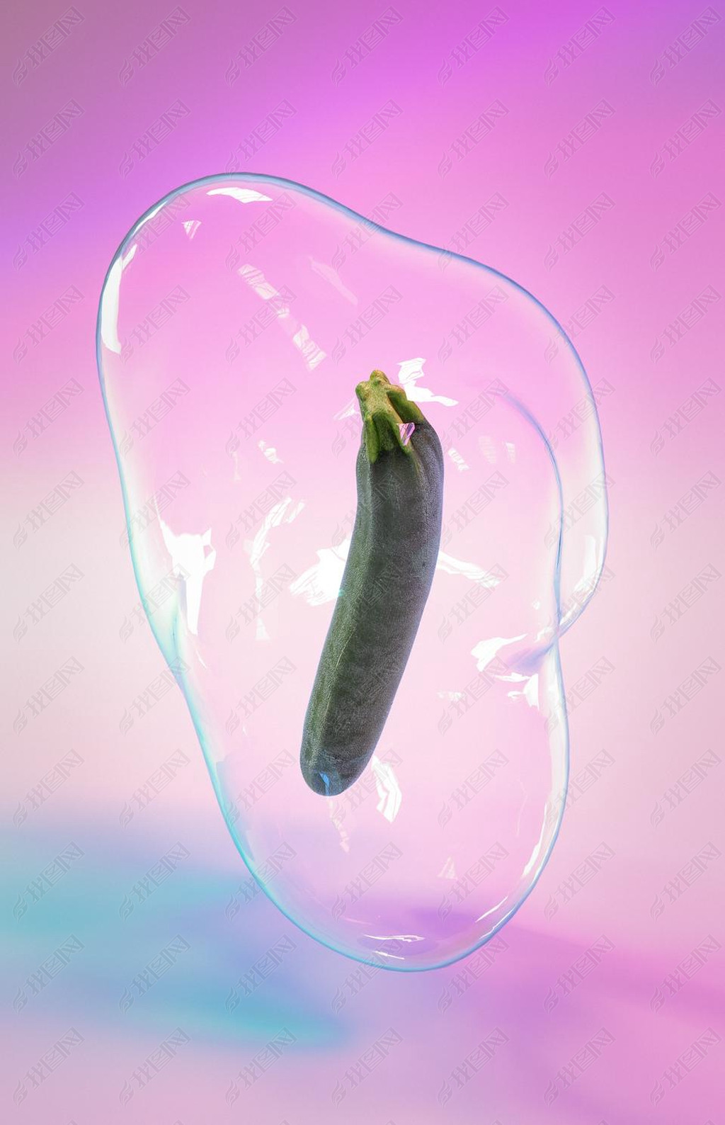 Creative layout with realistic 3d zucchini plant in soap bubble on colorful ultriolet holographic 