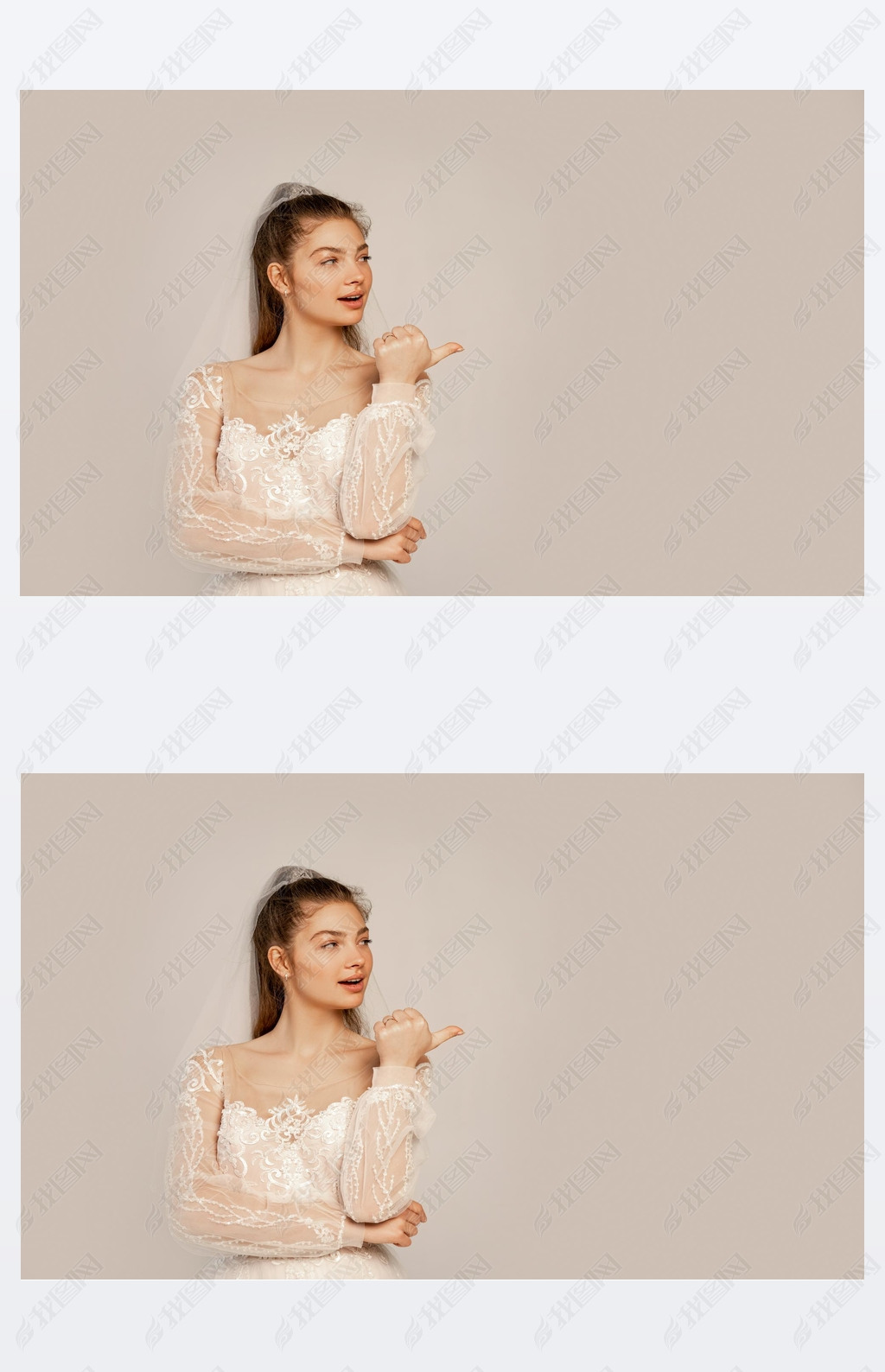 young bride looking away and pointing with thumb isolated on grey 