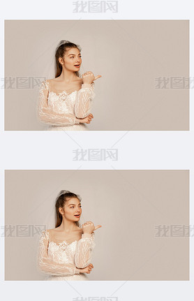 young bride looking away and pointing with thumb isolated on grey 