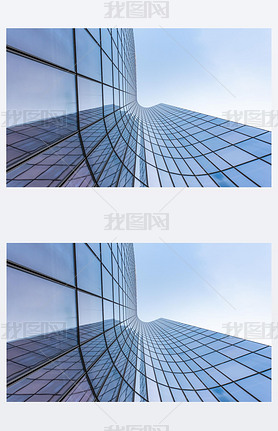 Blue curved glass skyscraper facade against sky