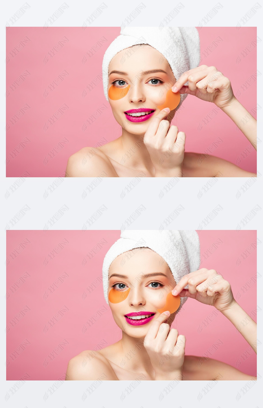 cheerful naked girl applying eye patches isolated on pink 