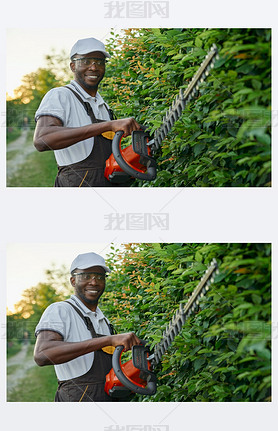 Smiling afro gardener using hedge trimmer for cutting bushes