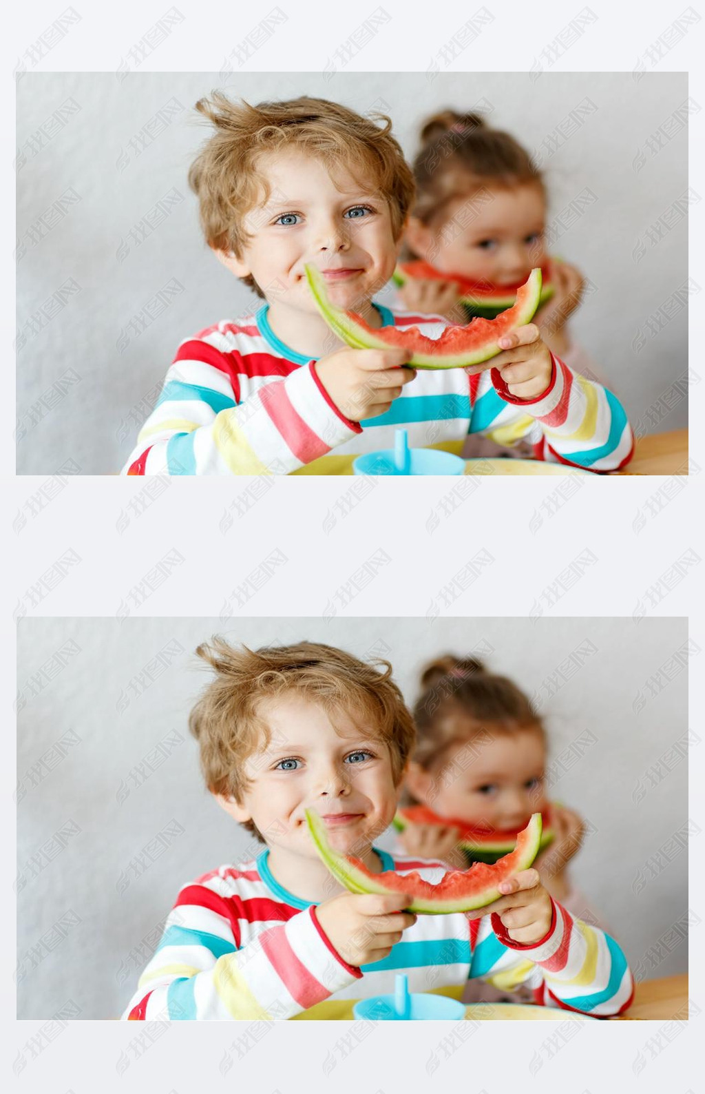 Little kid boy and girl eating healthy food watermelon