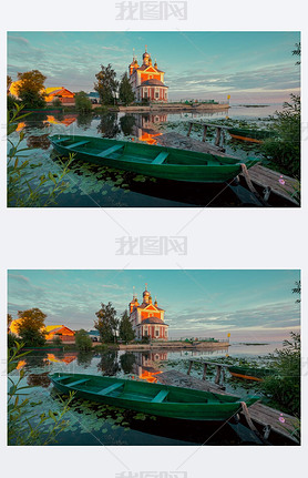 Wooden boat and church