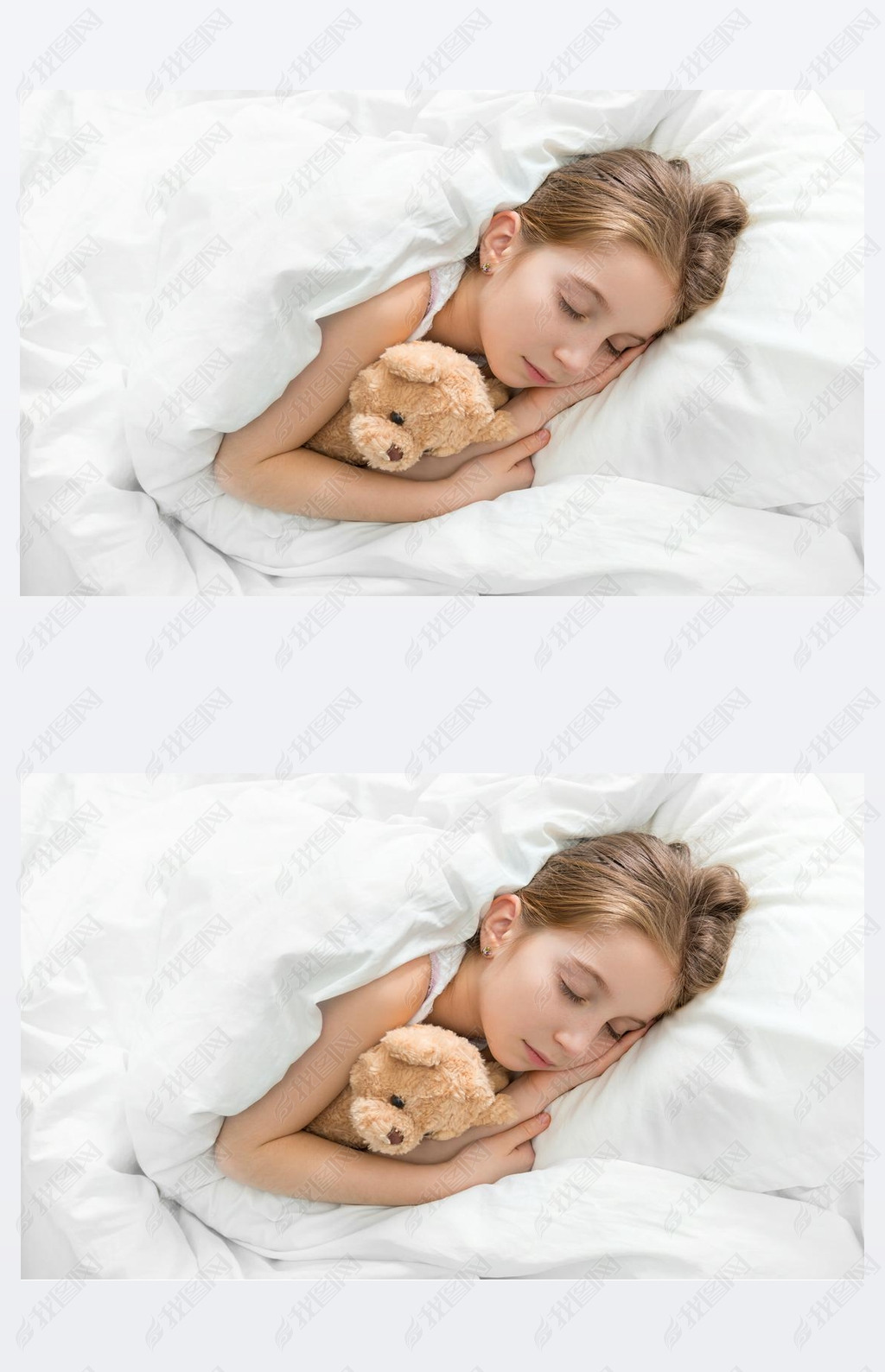 原创孩子在睡眠中拥抱她的玩具熊