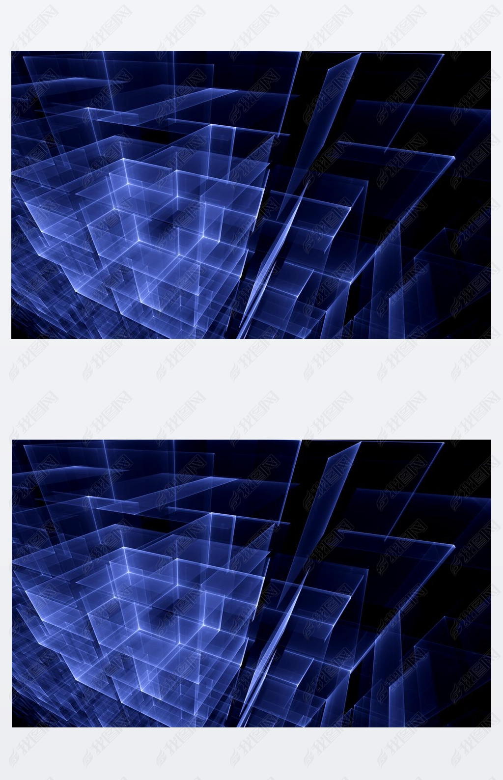 Abstract computer-generated image glowing blue cubes on dark bac