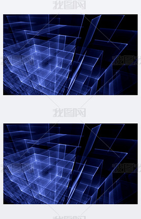 Abstract computer-generated image glowing blue cubes on dark bac