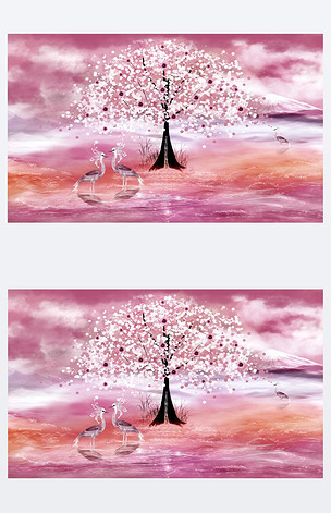 春天世界的粉色池塘里有三只苍鹭