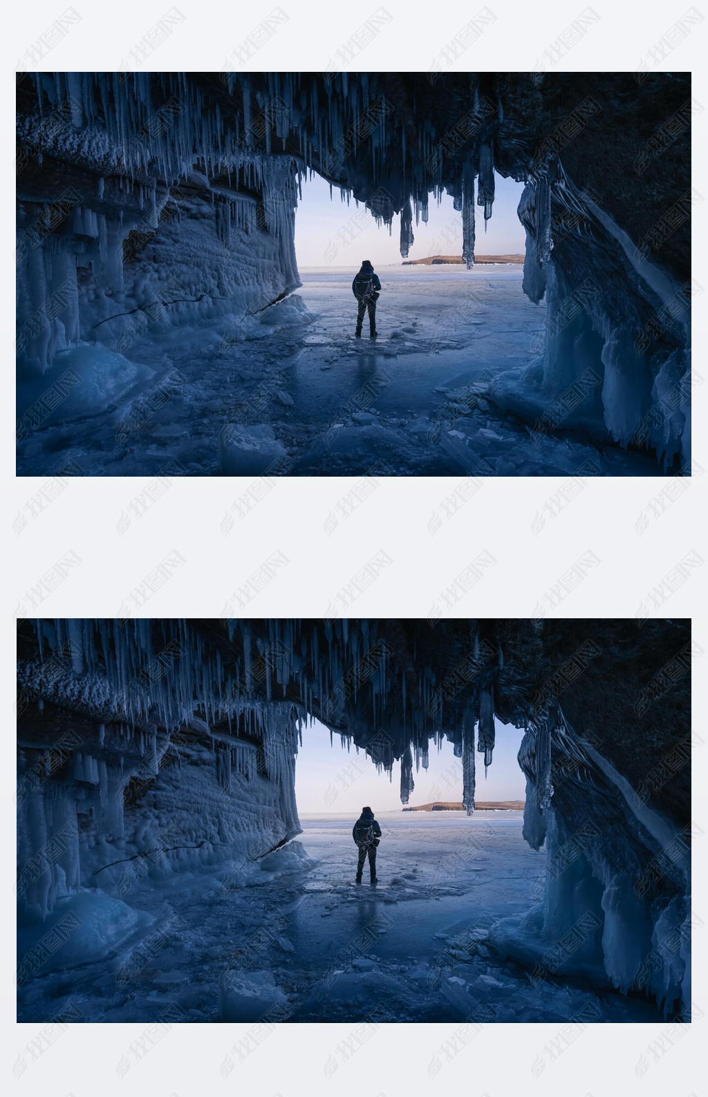 一名男子站在贝加尔湖冰洞前的冰封湖畔冬季来临俄罗斯西伯利亚亚洲